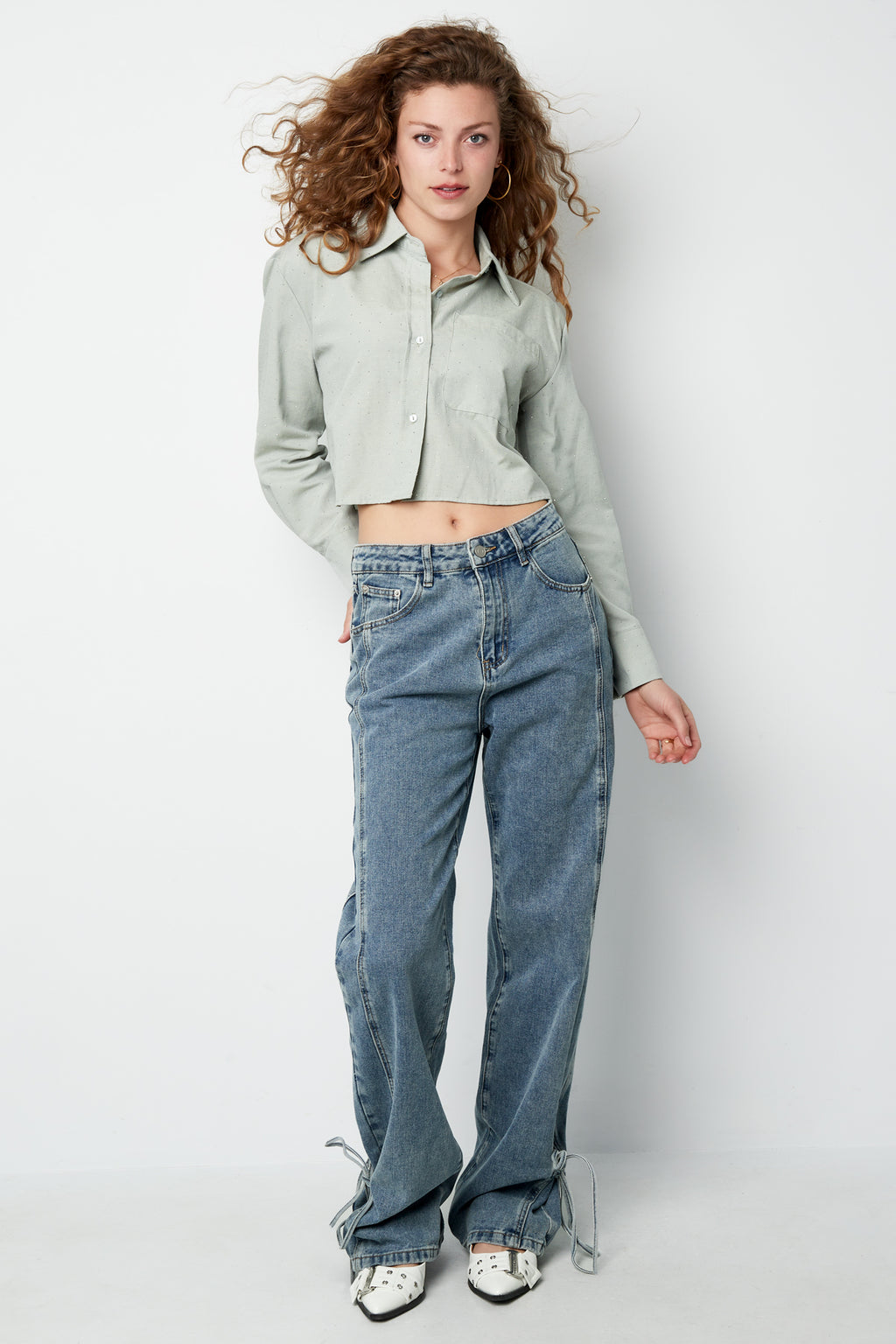 Cotton Women's Cropped Blouse Classic Button-Down