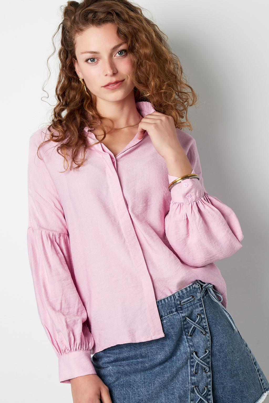 Viscose Women's Blouse Puff Sleeve High Neck