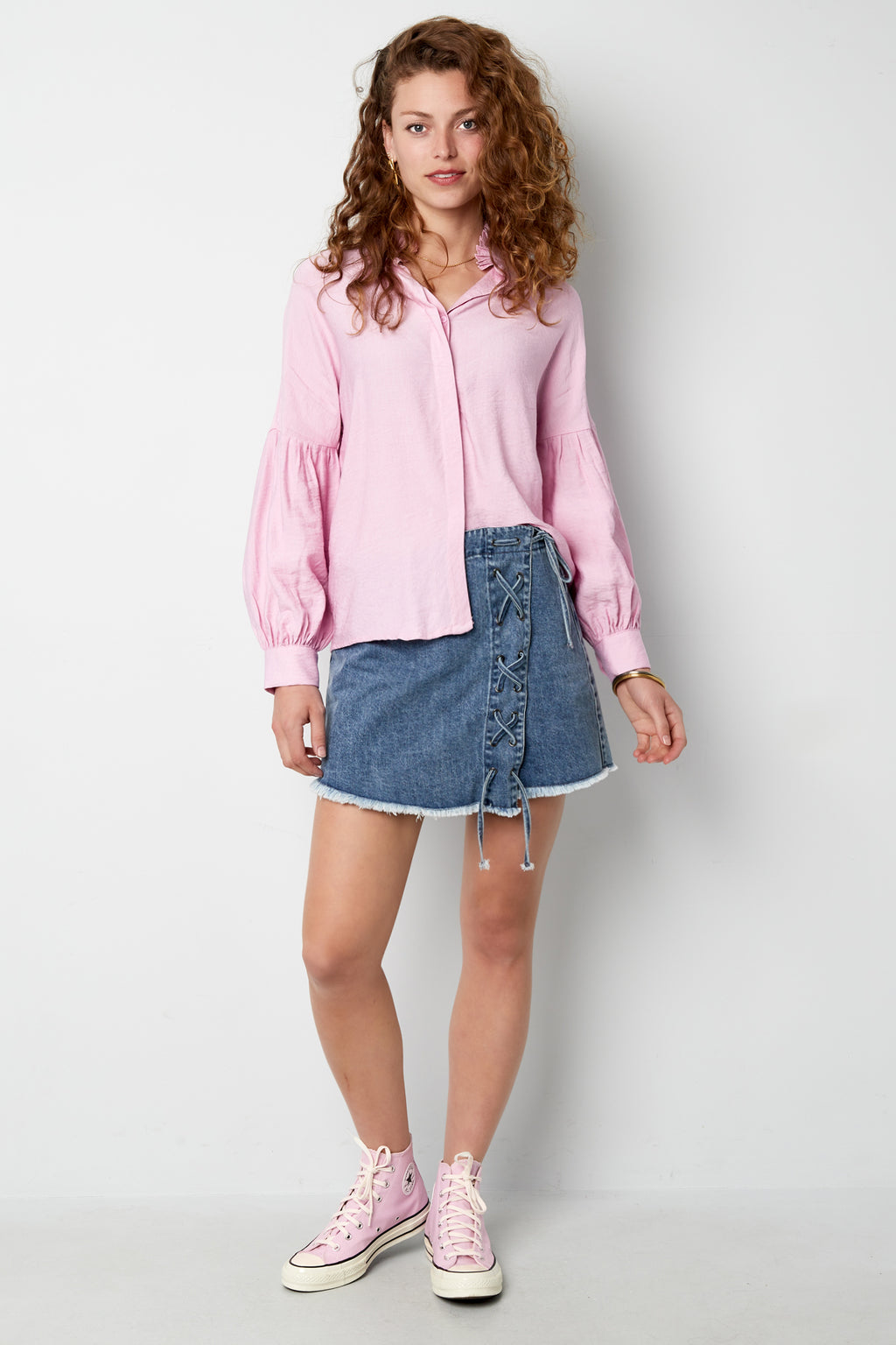Viscose Women's Blouse Puff Sleeve High Neck