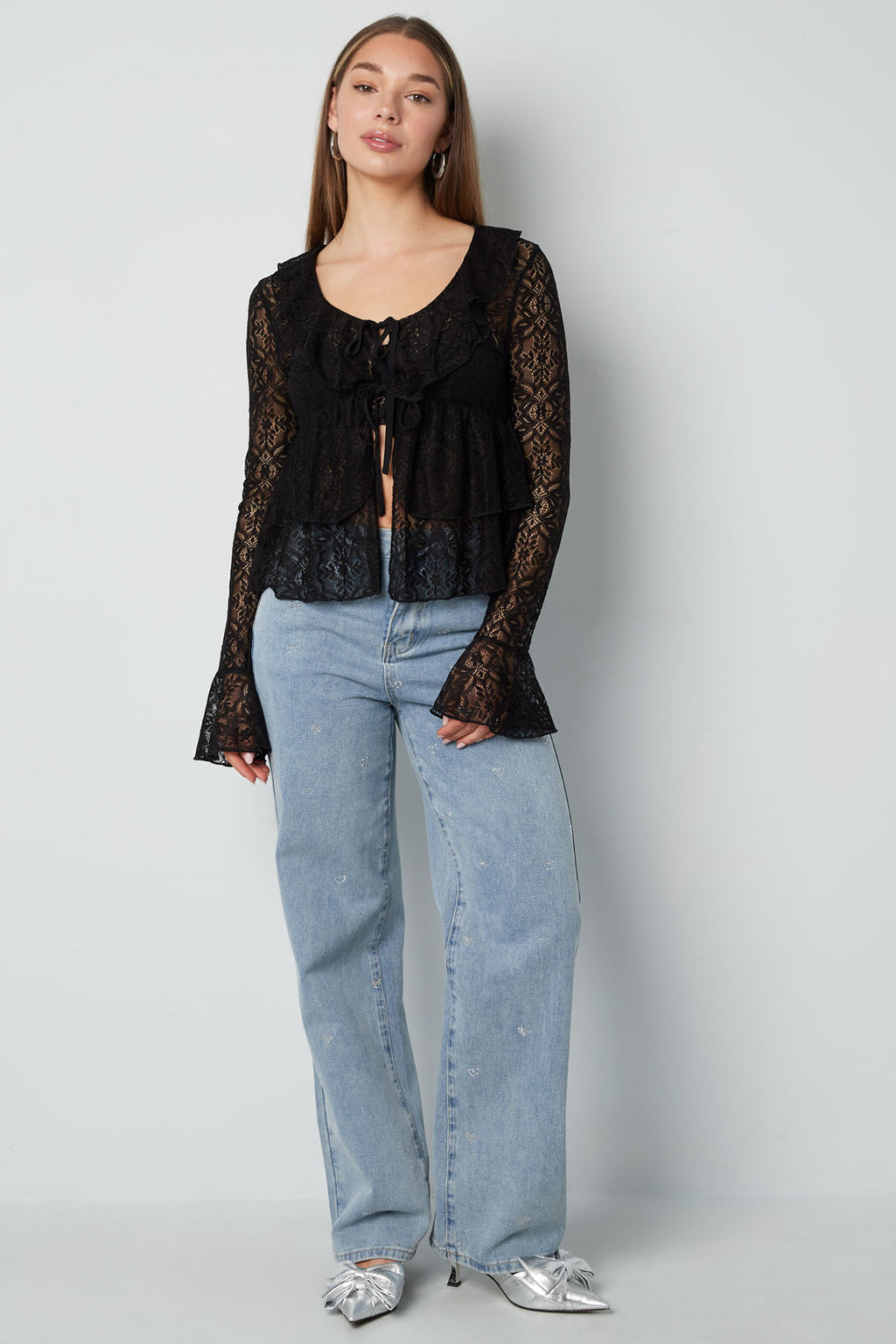 Woven Lace Women's Long Sleeve Top Elegant Ruffle Detail