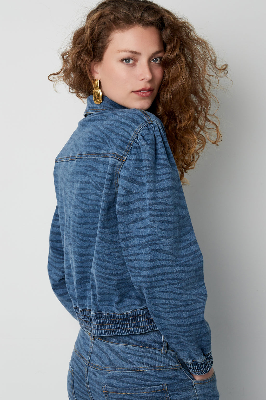 Denim Women's Jacket Cropped Tiger Stripe Pattern