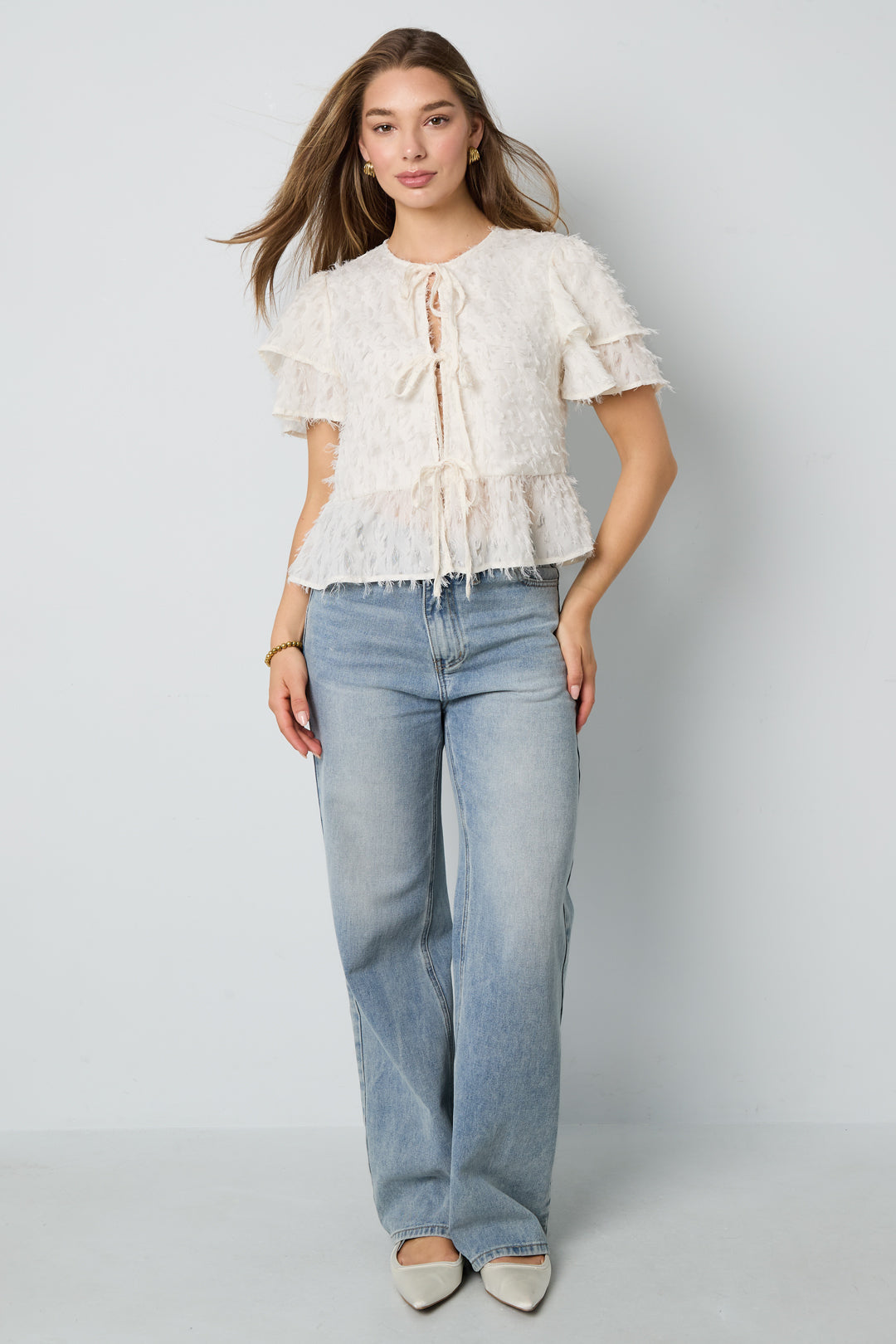 Woven Polyester Fiber Women's Short Sleeve Tops Elegant Tie-up Solid Color