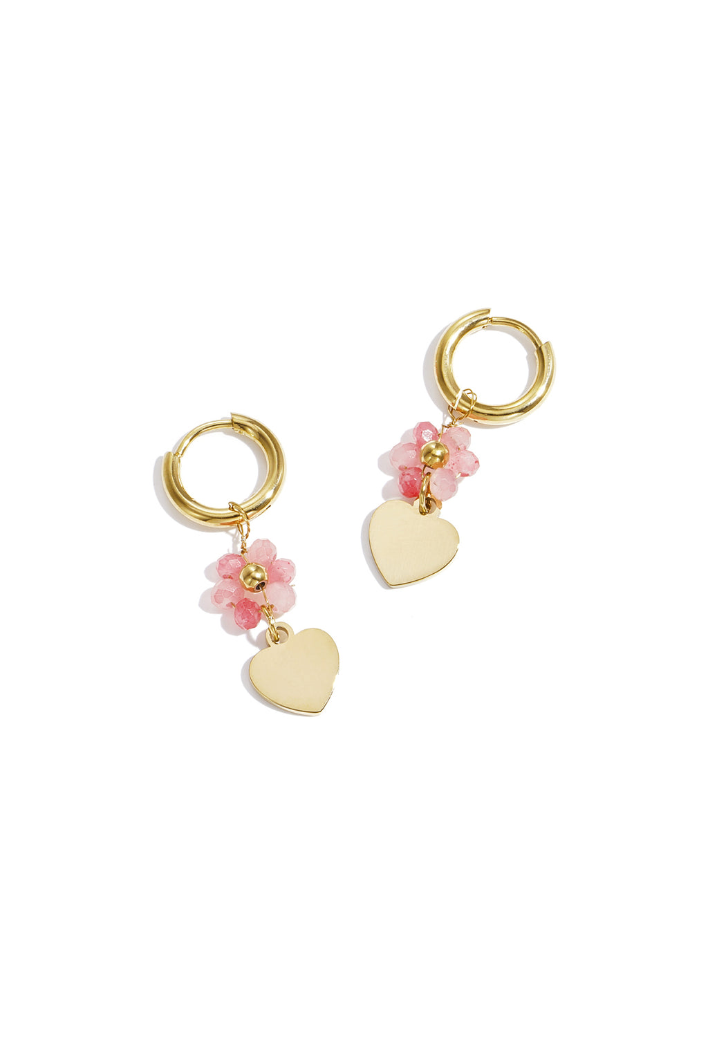 Earrings with heart on beaded flower