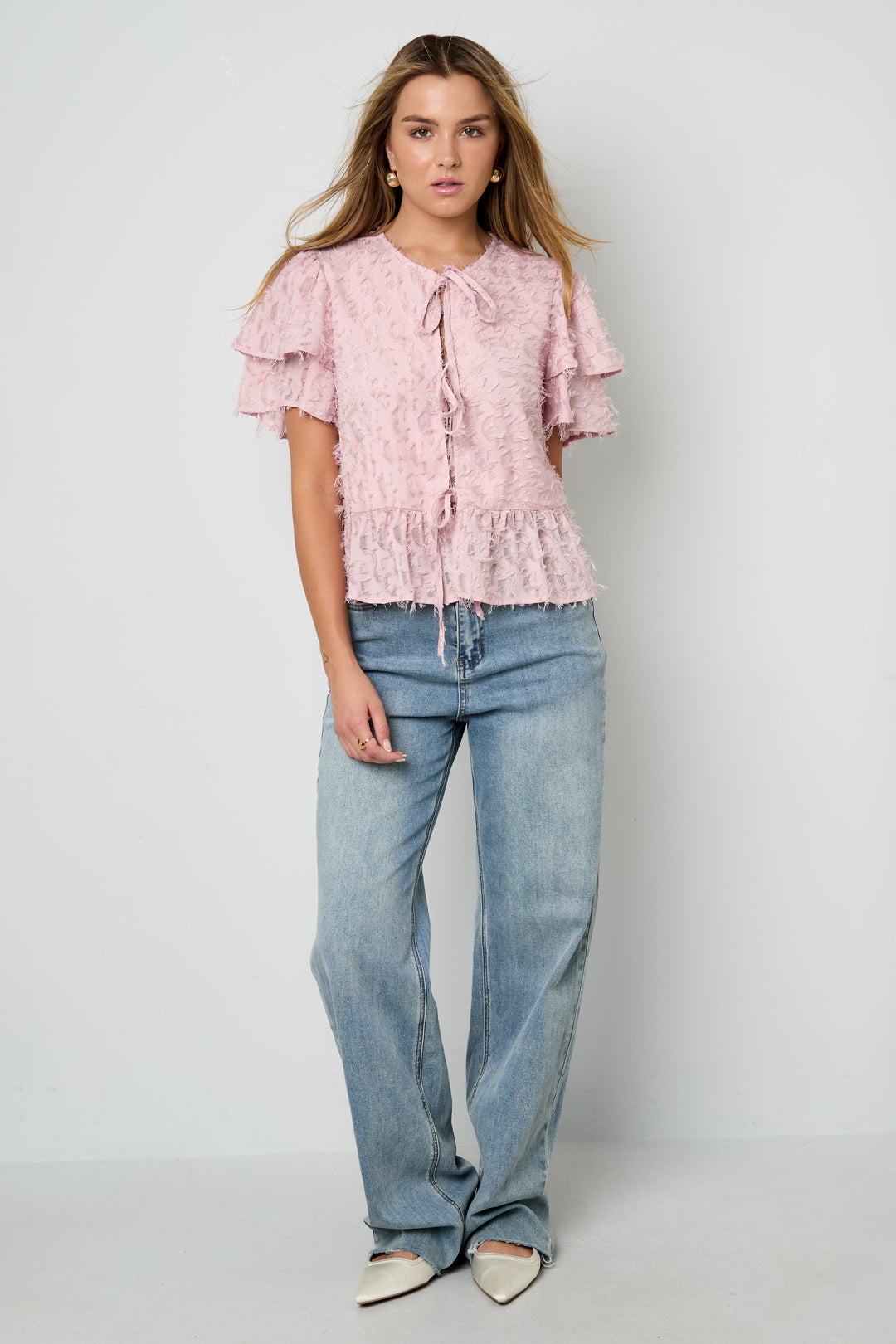 Woven Polyester Fiber Women's Short Sleeve Tops Elegant Tie-up Solid Color