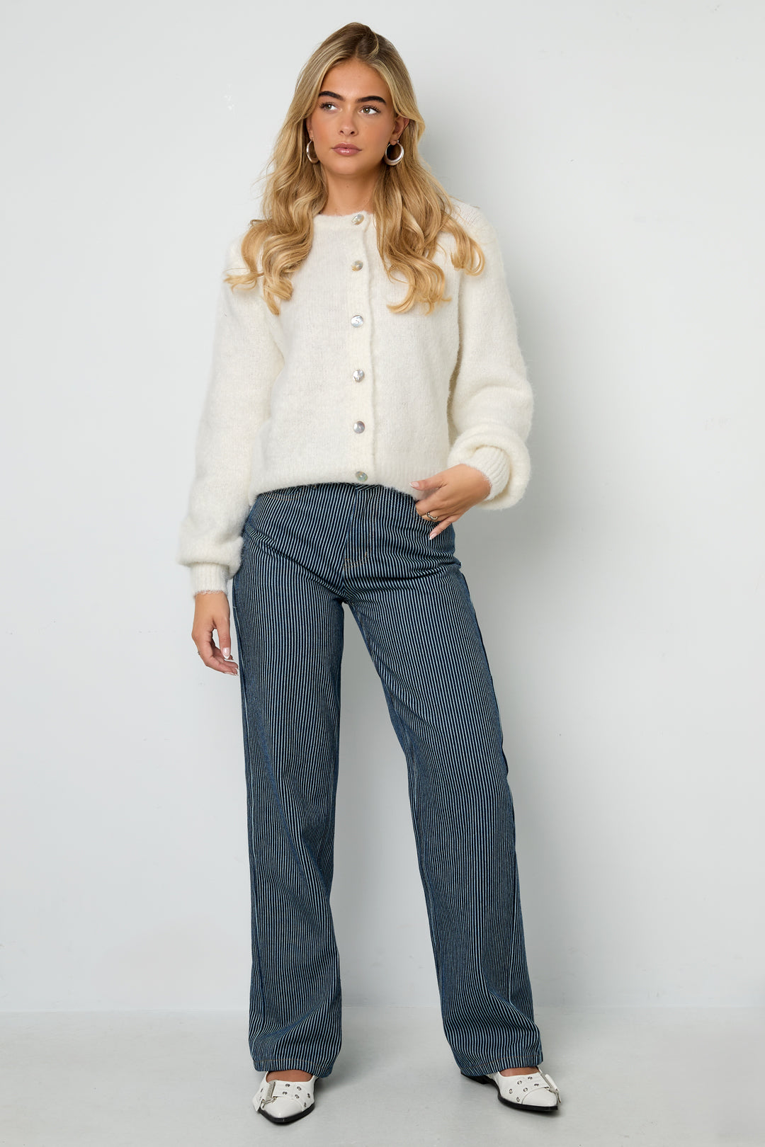 Woven Cotton Women's Straight Leg Pants Casual Stripes