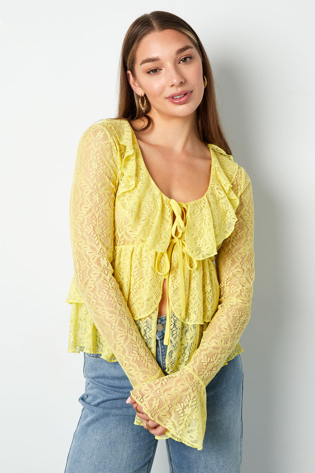 Woven Lace Women's Long Sleeve Top Elegant Ruffle Detail