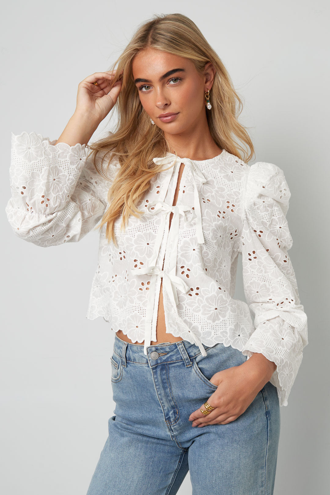 Cotton Woven Women's Long Sleeve Top Casual Cutout